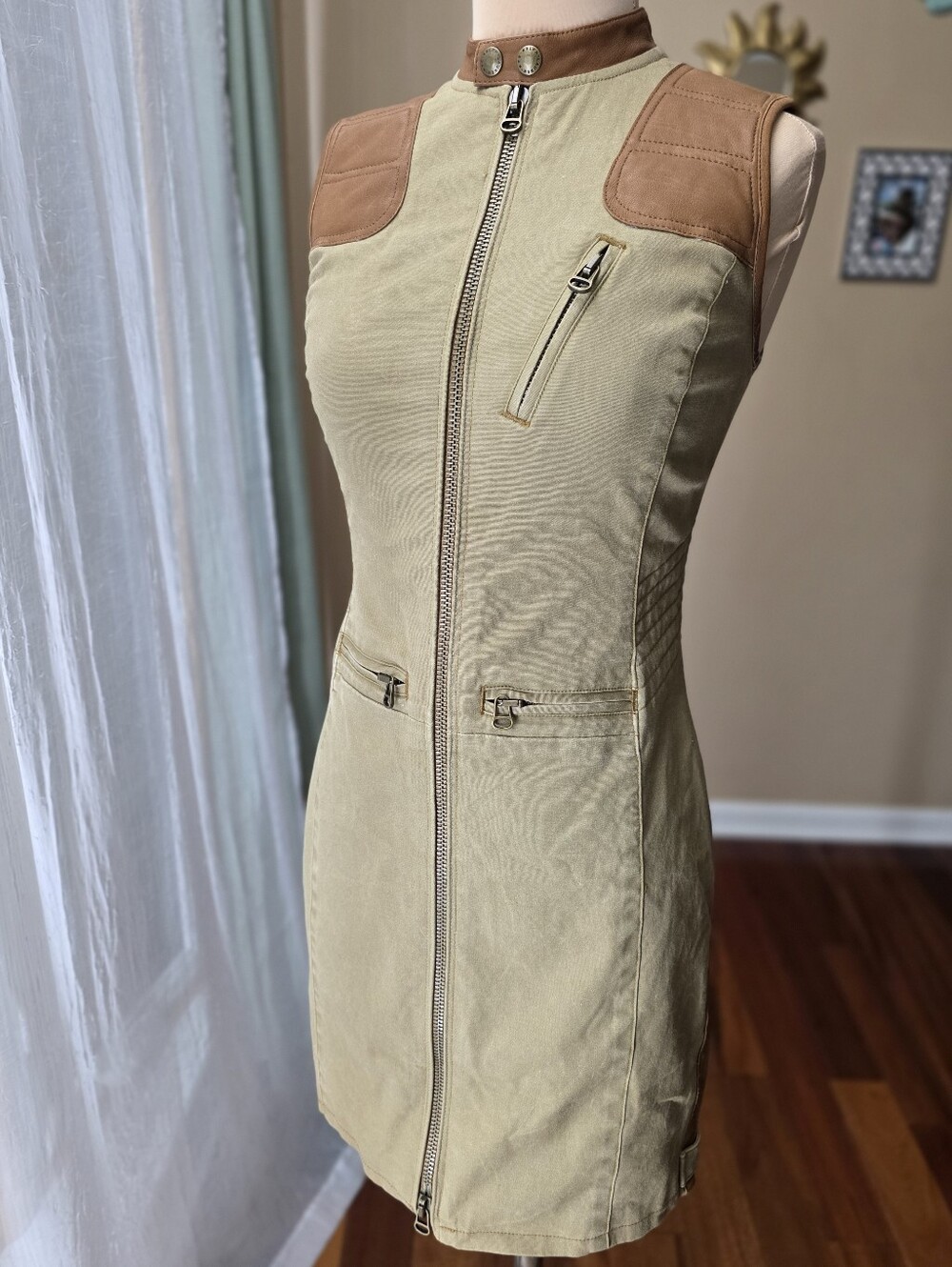 Ralph Lauren Blue Label Size 2 Cotton Canvas Leather Trim Moto Utility Zip Dress
